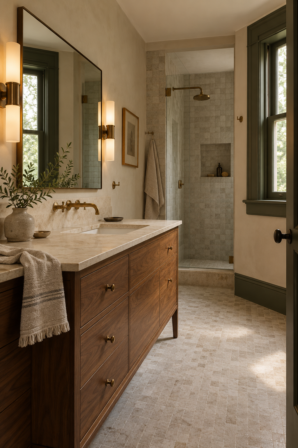 Quiet bathroom with a walnut vanity, cream stone basin surround, brass fixtures, and a tiled walk-in shower