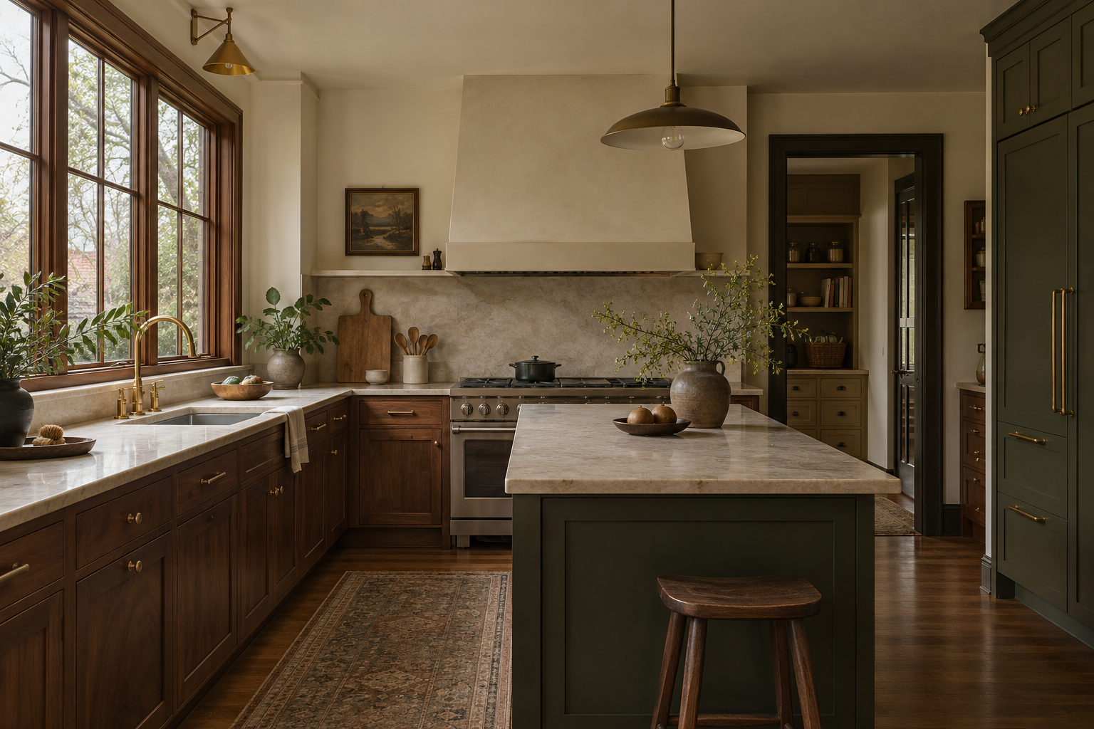 Warm walnut kitchen with cream stone counters, an island, brass fixtures, and wood-trimmed windows